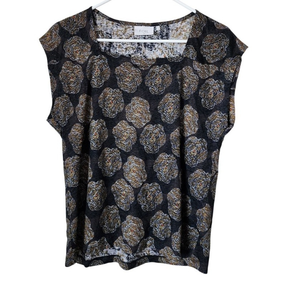 FOIL 100% Linen Printed Blouse Top XS‎ Black Floral Geometric Pattern